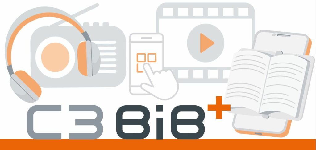 Flyer von der C3 Bibliothek. Zu sehen ist das Logo und Icons, die Kopfhörer, Radio, Handy, Film und Buch darstellen.