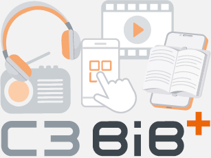 Logo C3-Bib+ mit Icons für Kopfhörer, Handy, Video, Bücher, Radio